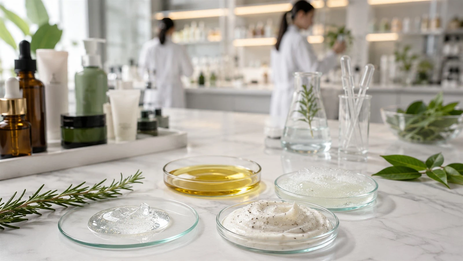 Scalp care formula development showing product textures botanical ingredients and OEM formulation environment Scalp care formula development showing product textures botanical ingredients and OEM formulation environment